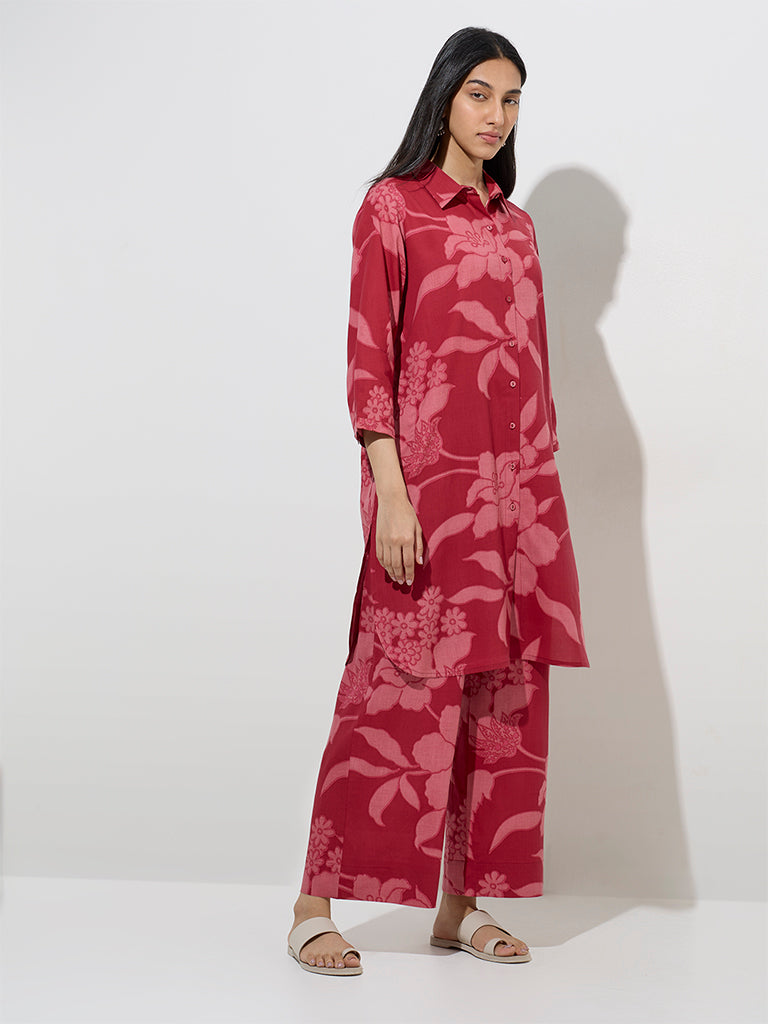 Utsa Red Floral Pattern A-Line Kurta