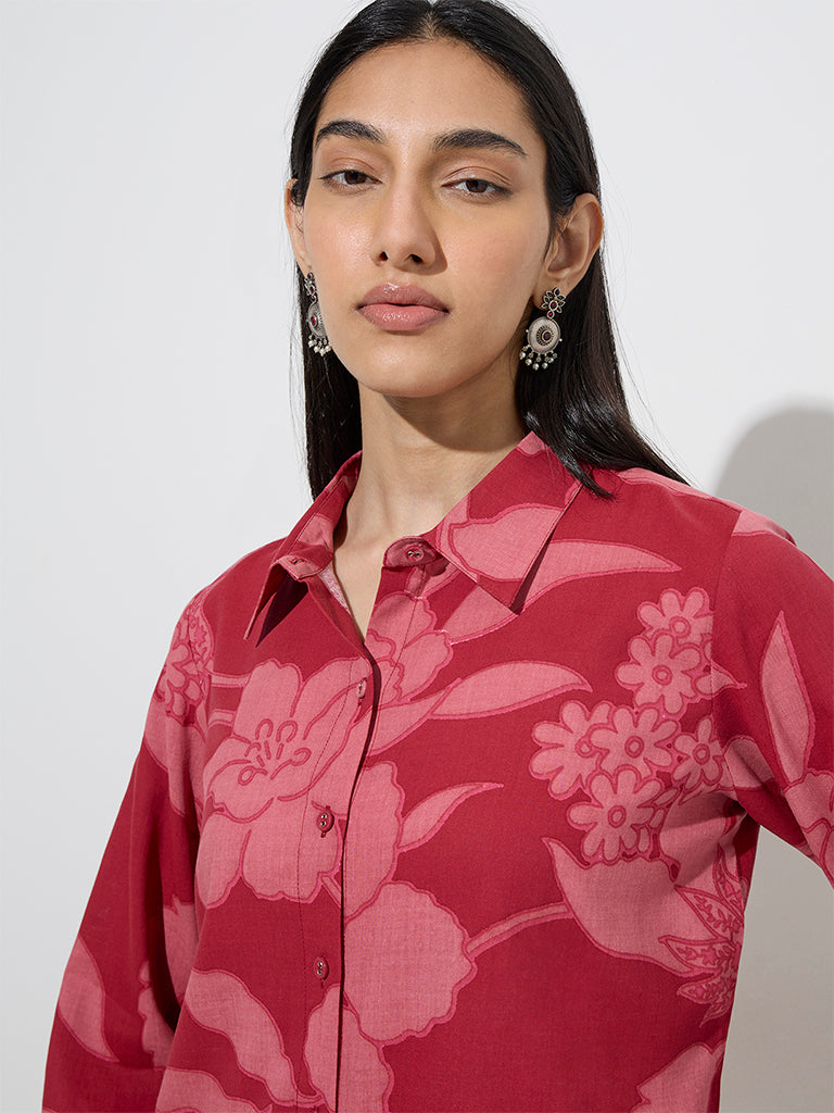Utsa Red Floral Pattern A-Line Kurta - Image 2