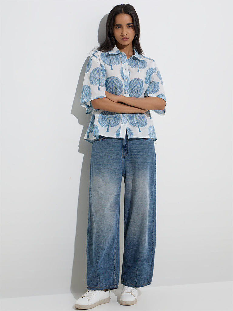 Utsa Blue Leaf Design Cotton Ethnic Shirt - Image 2