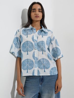 Utsa Blue Leaf Design Cotton Ethnic Shirt