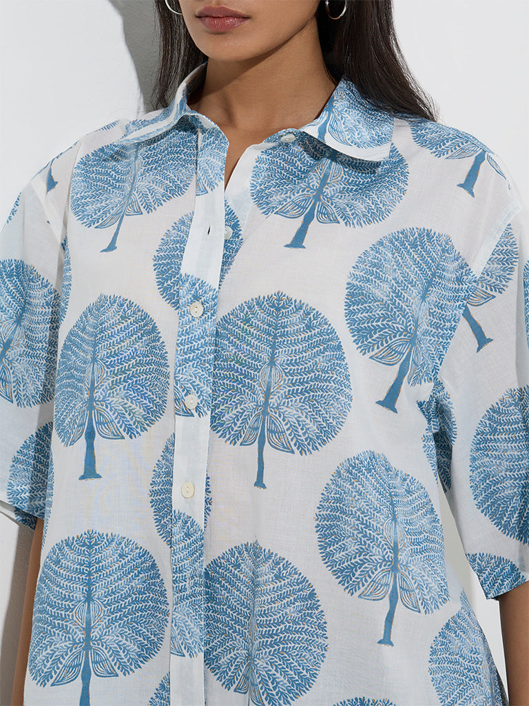 Utsa Blue Leaf Design Cotton Ethnic Shirt - Image 3