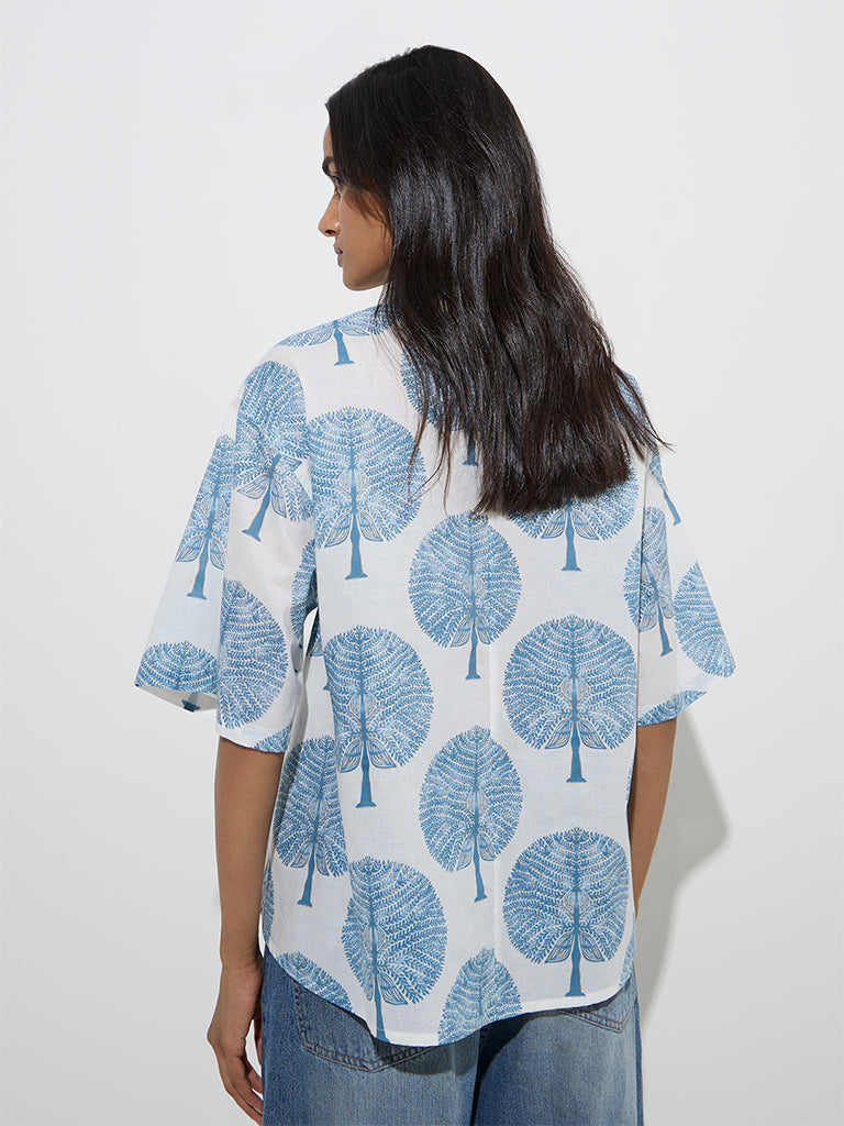 Utsa Blue Leaf Design Cotton Ethnic Shirt - Image 4
