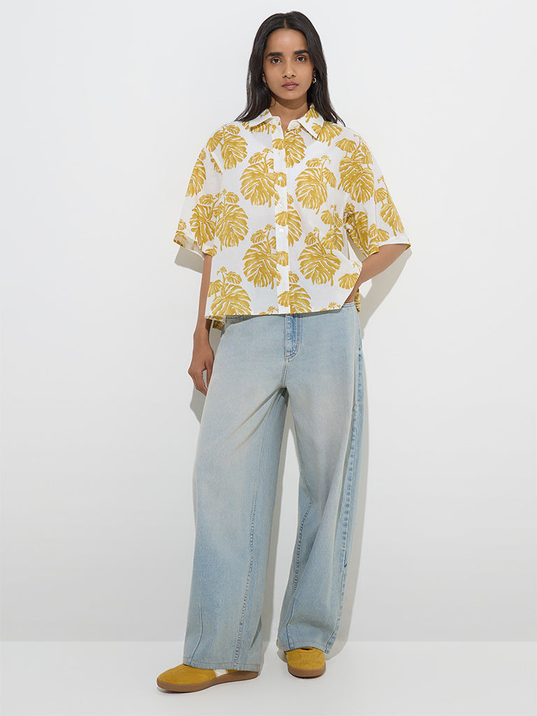 Utsa Yellow Foliage Design Cotton Ethnic Shirt - Image 2