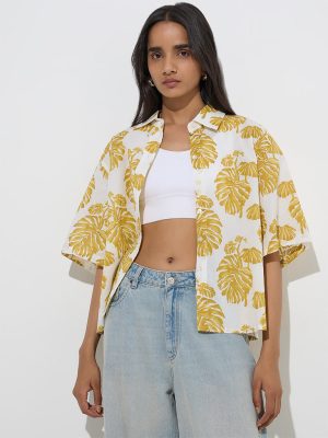Utsa Yellow Foliage Design Cotton Ethnic Shirt