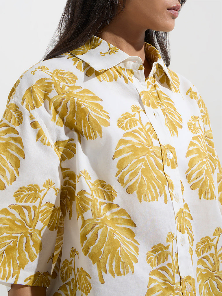 Utsa Yellow Foliage Design Cotton Ethnic Shirt - Image 3