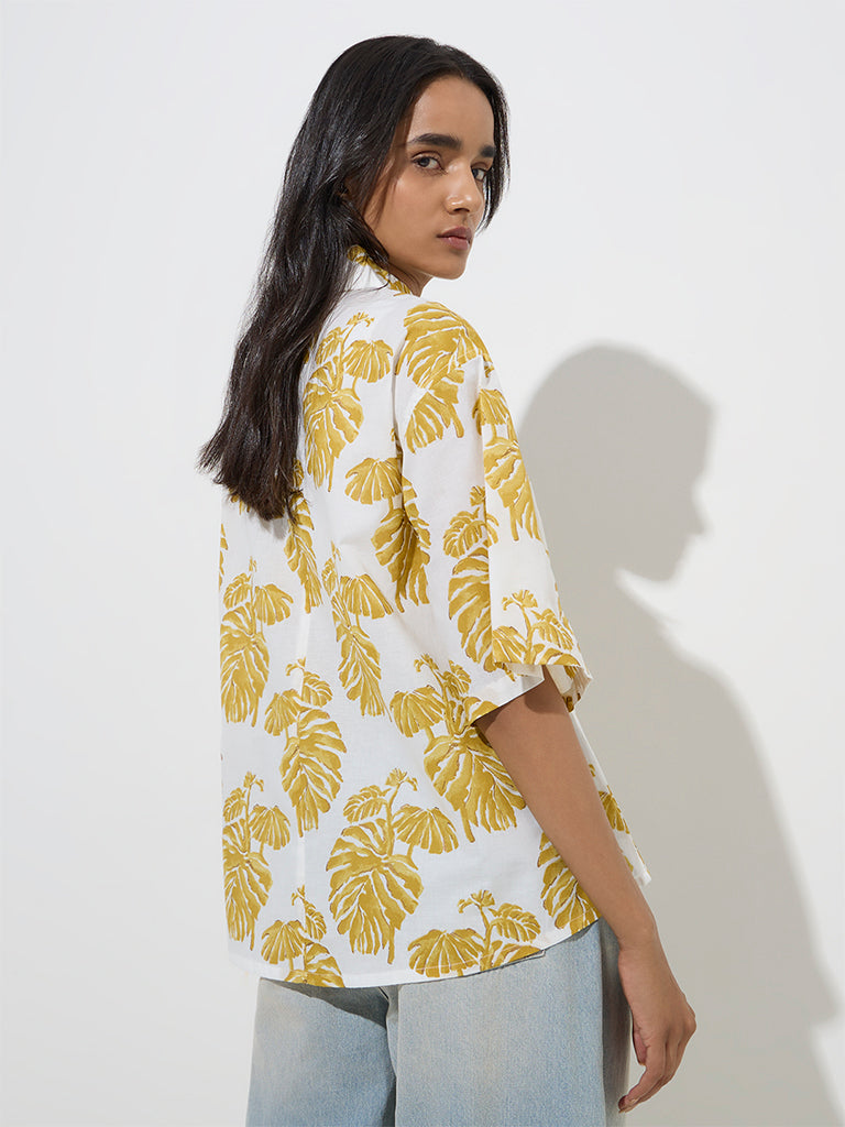 Utsa Yellow Foliage Design Cotton Ethnic Shirt - Image 4