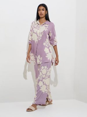 Utsa Purple Floral Printed Ethnic Shirt