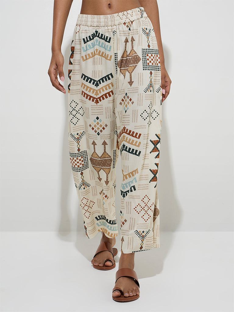 Utsa Light Beige Abstract Design Palazzos