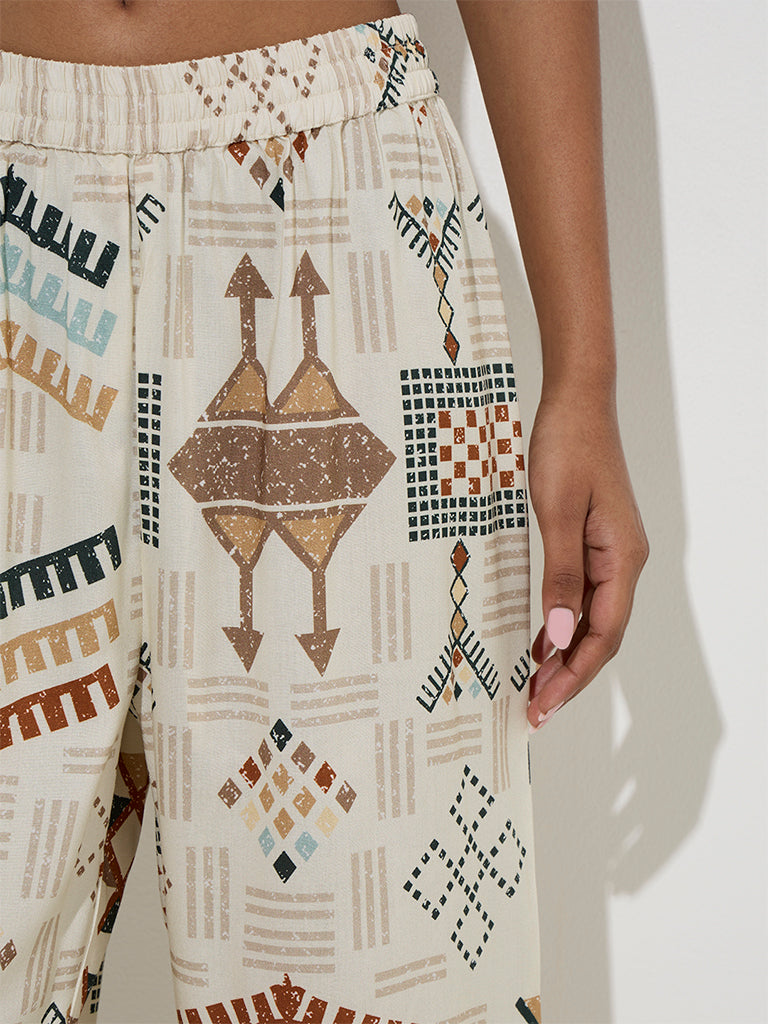 Utsa Light Beige Abstract Design Palazzos - Image 4