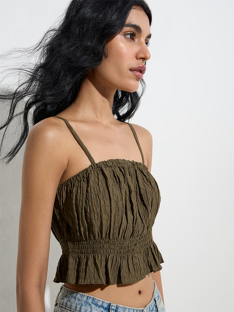 Nuon Dark Olive Smocked Cotton Top - Image 2