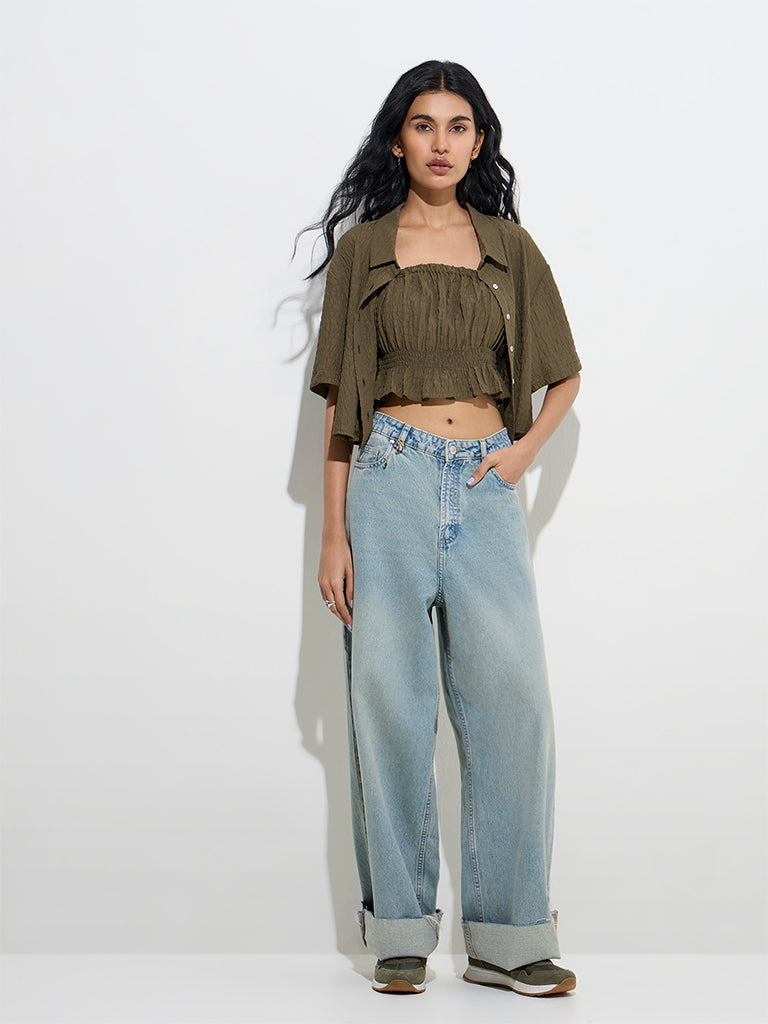 Nuon Dark Olive Smocked Cotton Top - Image 3