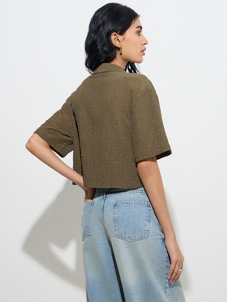 Nuon Dark Olive Smocked Cotton Top - Image 4