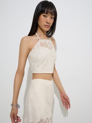 Nuon Off-White Crochet-Detailed Cotton-Blend Top