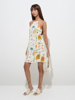 Nuon Off-White Nature-Inspired Straight Cotton Dress