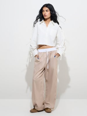 Nuon Beige Solid Mid-Rise Pants