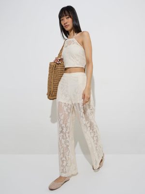 Nuon Off-White Crochet-Detailed Mid-Rise Cotton-Blend Pants