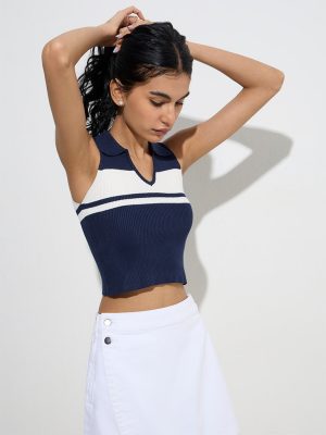 Nuon Navy Colour-Blocked Ribbed Top