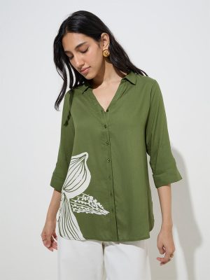 LOV Olive Floral Printed Shirt