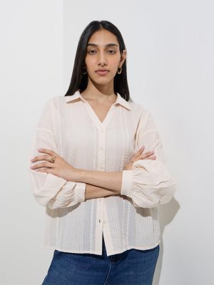 LOV Off-White Seersucker-Striped Cotton Shirt