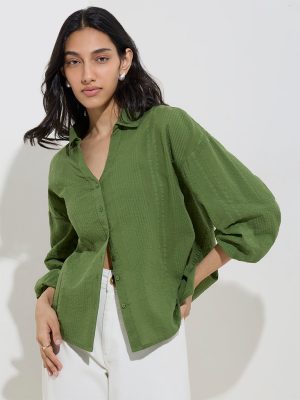 LOV Olive Seersucker Striped Cotton Shirt
