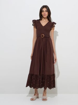 LOV Dark Brown Smocked Cotton A-Line Dress with Belt