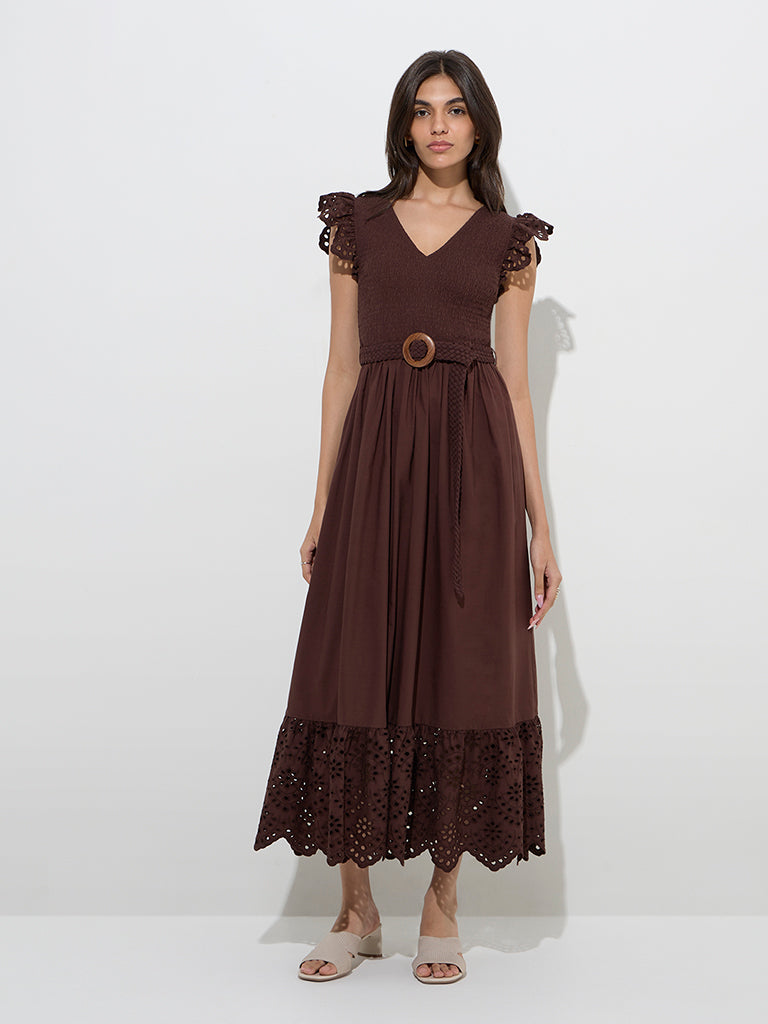 LOV Dark Brown Smocked Cotton A-Line Dress with Belt