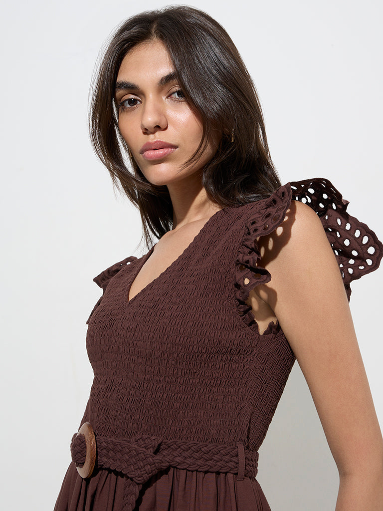 LOV Dark Brown Smocked Cotton A-Line Dress with Belt - Image 2