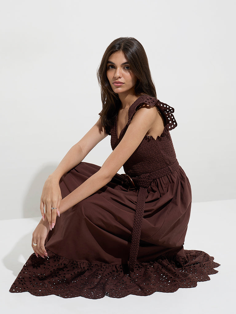 LOV Dark Brown Smocked Cotton A-Line Dress with Belt - Image 3