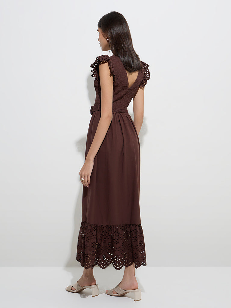 LOV Dark Brown Smocked Cotton A-Line Dress with Belt - Image 4