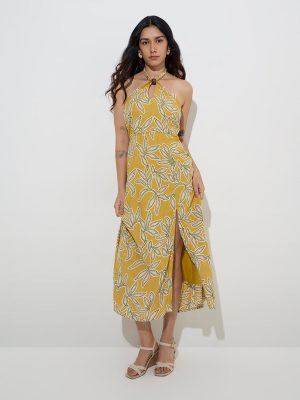 LOV Mustard Leaf Design A-Line Dress