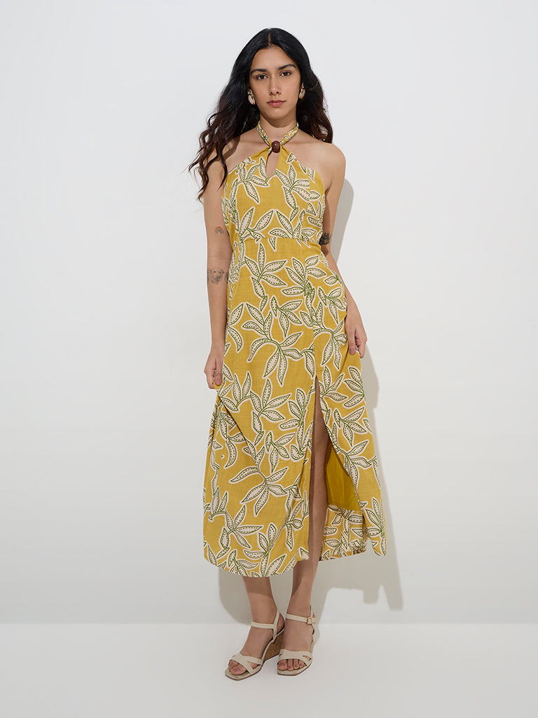 LOV Mustard Leaf Design A-Line Dress
