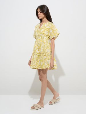 LOV Yellow Floral Printed Cotton A-Line Dress