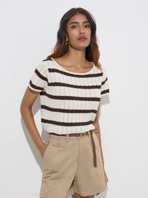 LOV Brown Striped Knit-Textured Cotton-Blend Top
