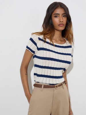 LOV Navy Striped Knit-Textured Cotton-Blend Top