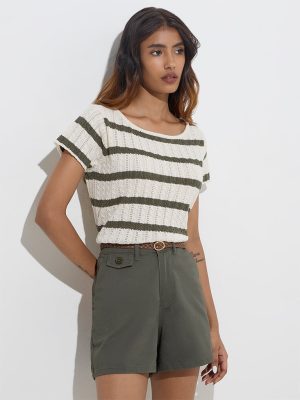 LOV Olive Striped Knit-Textured Cotton-Blend Top