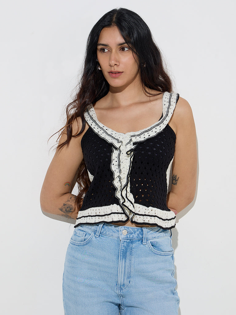 LOV Black Crochet-Knitted Top
