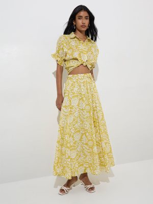LOV Lime Botanical Printed Knot-Detailed A-Line Skirt