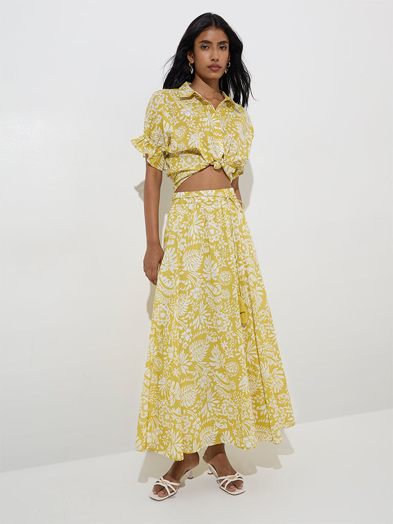 LOV Lime Botanical Printed Knot-Detailed A-Line Skirt