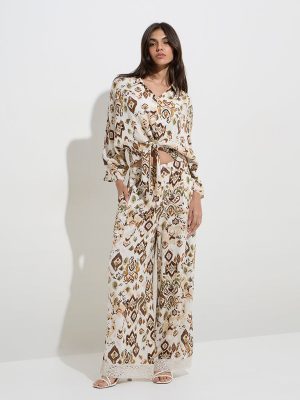 LOV Off-White Abstract Printed High-Rise Cotton-Blend Pants
