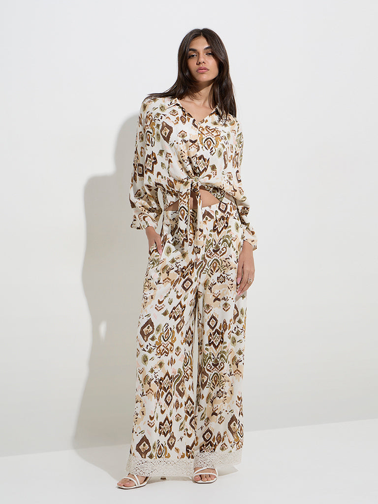 LOV Off-White Abstract Printed High-Rise Cotton-Blend Pants