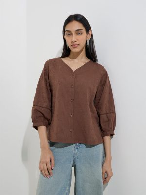 Utsa Dark Brown Botanical Embroidered Cotton Ethnic Top