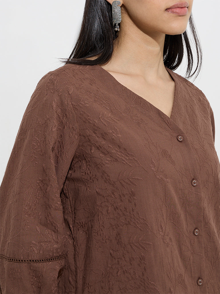 Utsa Dark Brown Botanical Embroidered Cotton Ethnic Top - Image 2