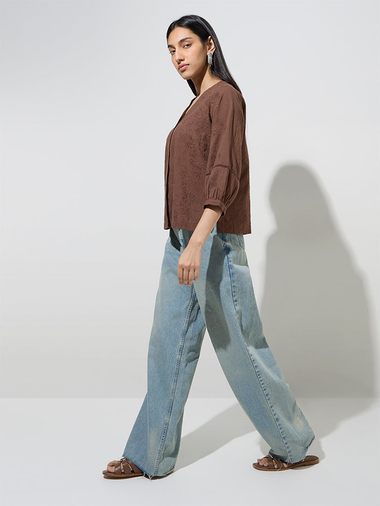 Utsa Dark Brown Botanical Embroidered Cotton Ethnic Top - Image 3