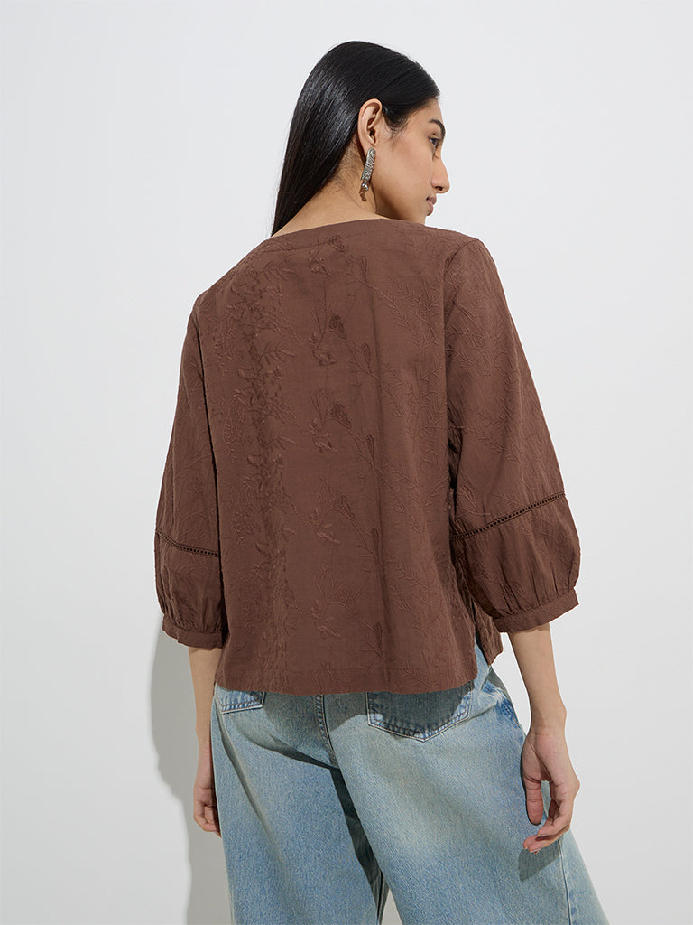 Utsa Dark Brown Botanical Embroidered Cotton Ethnic Top - Image 4
