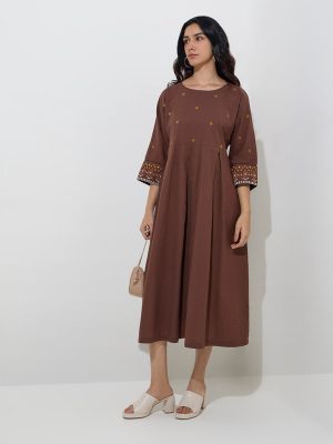 Utsa Dark Brown Embroidered Cotton-Blend A-Line Dress