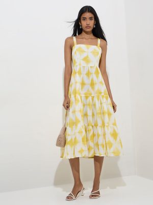 Utsa Yellow Tie-Dye Pattern Cotton Tiered Dress