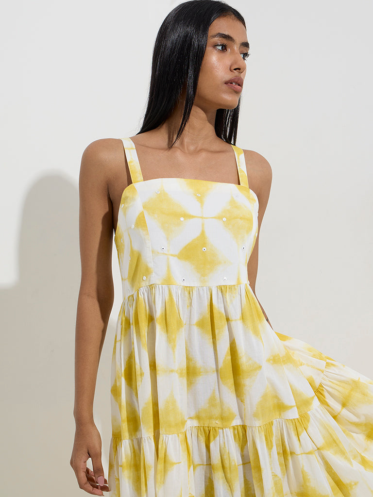 Utsa Yellow Tie-Dye Pattern Cotton Tiered Dress - Image 2