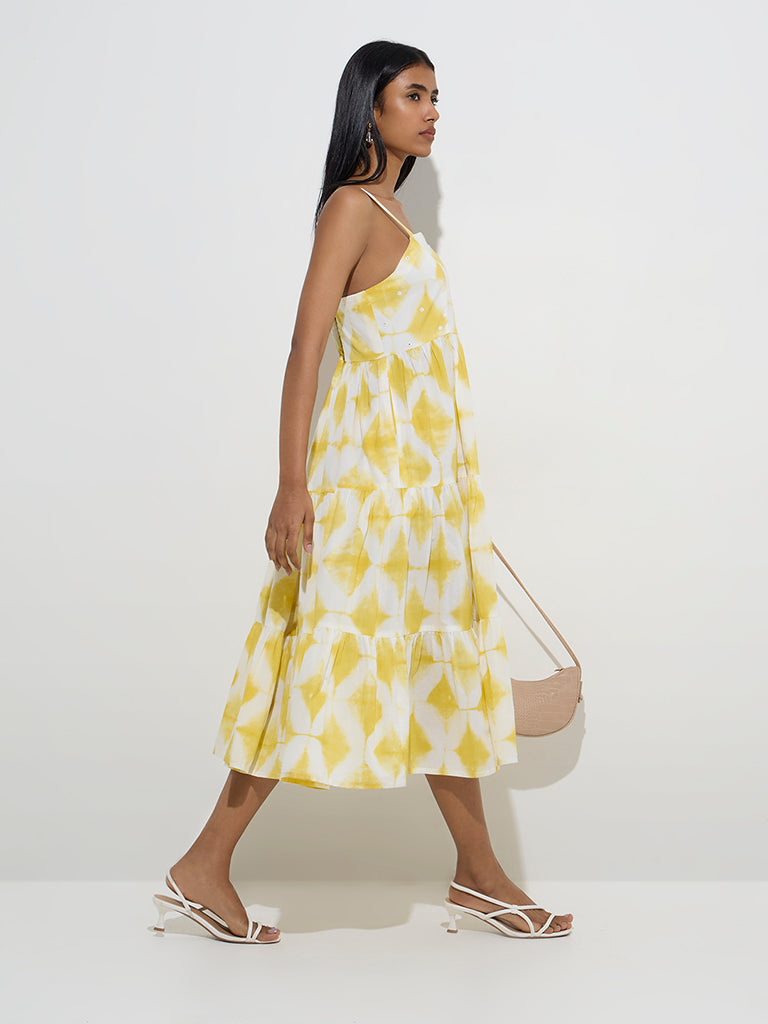Utsa Yellow Tie-Dye Pattern Cotton Tiered Dress - Image 3