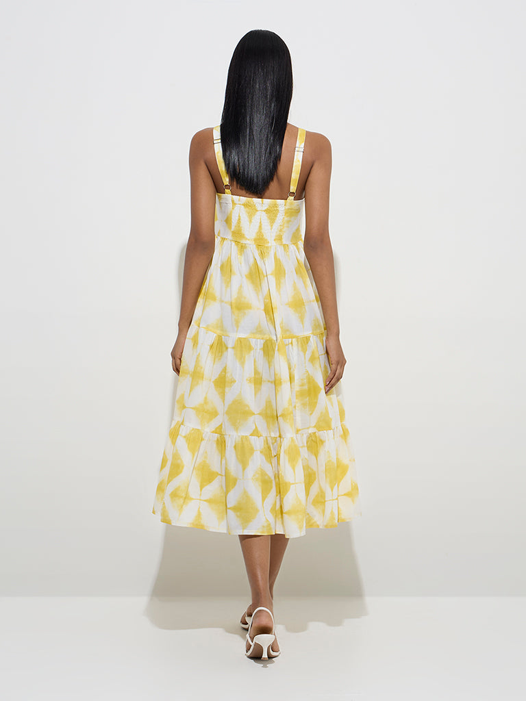 Utsa Yellow Tie-Dye Pattern Cotton Tiered Dress - Image 4