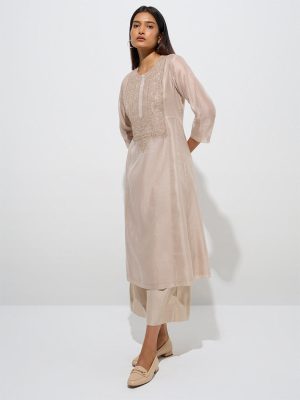 Zuba Beige Embroidered A-Line Kurta with Inner